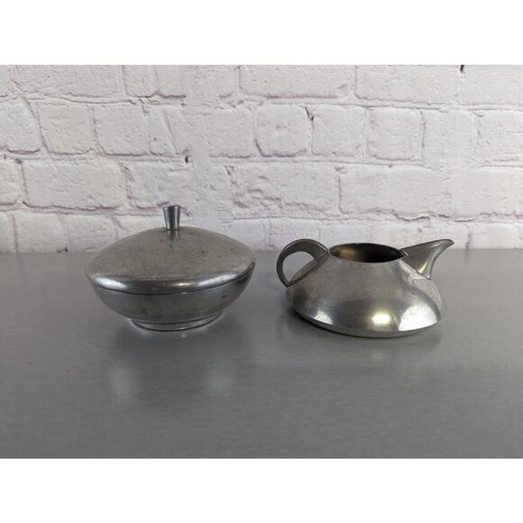 5 Piece MCM Fred Dodson Pewter and Whicker Coffee Tea Set - Picture 4 of 5